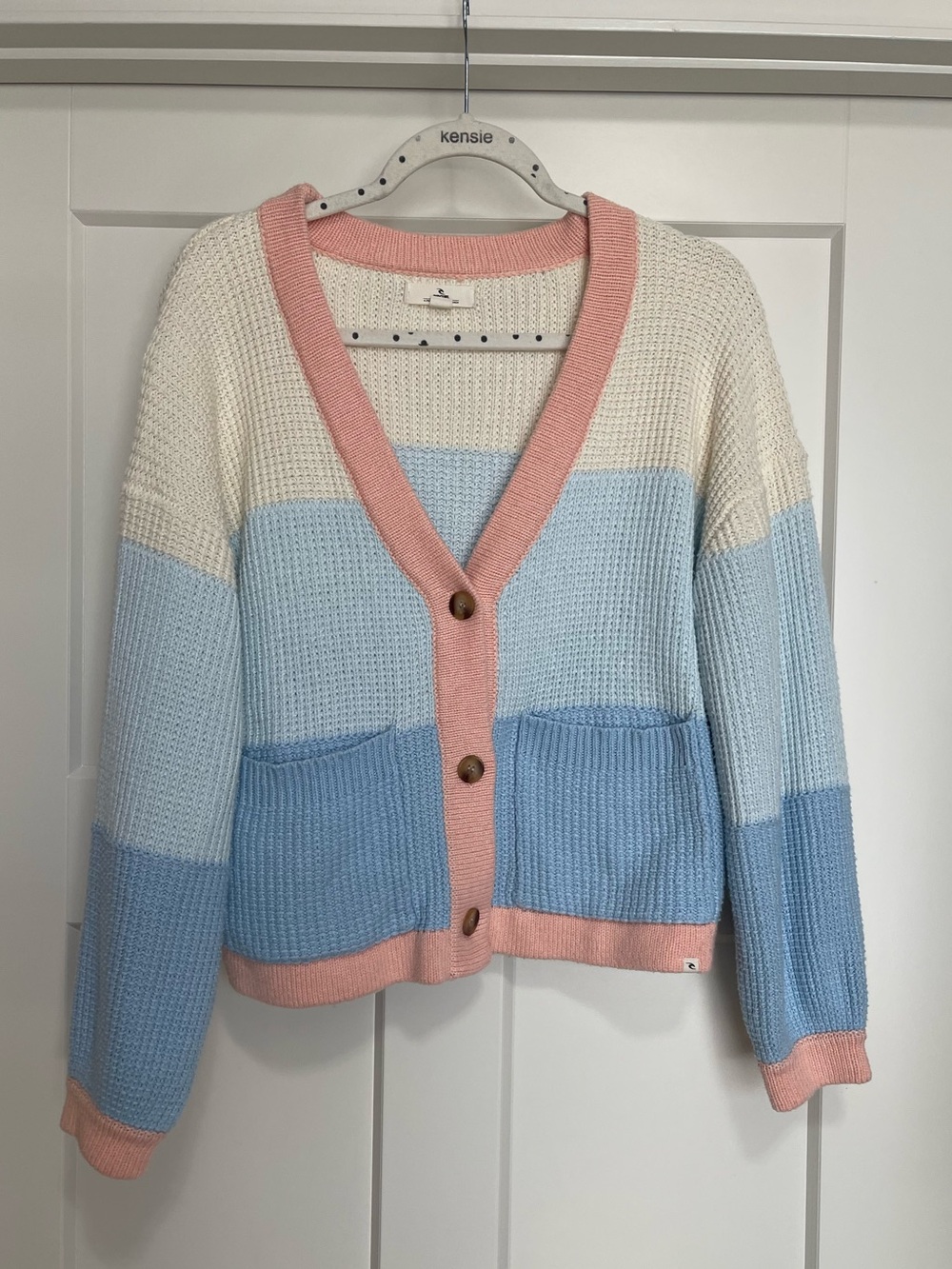 Ripcurl Colorblock V-Neck Cardigan Sweater - Pink, Cream & Blue